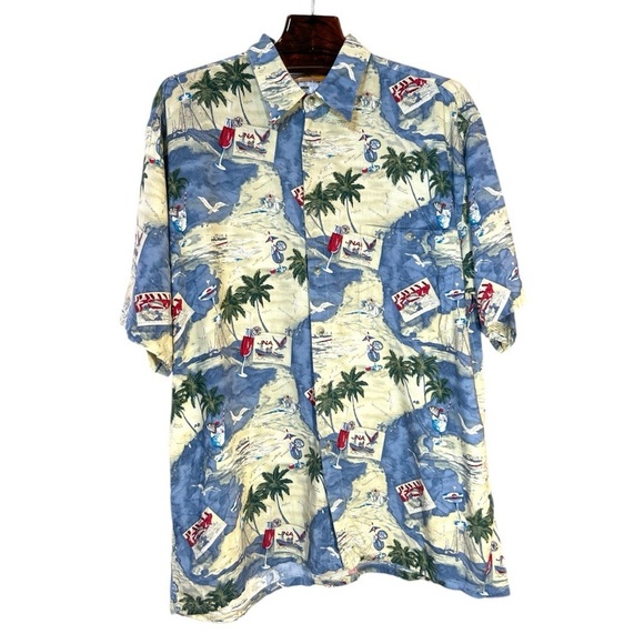 Vintage Pierre Cardin Rayon Hawaiian Button Down Shirt Blue and Tan Size Large - Picture 1 of 6
